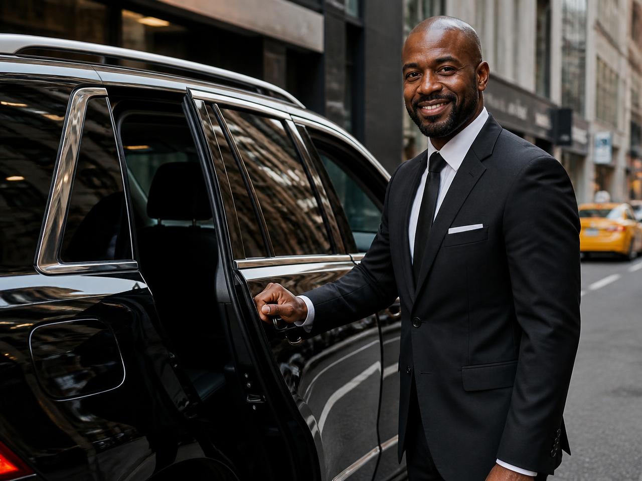 TheEdgeNYC chauffeur in a black suit opening the rear door of a black luxury SUV in Manhattan