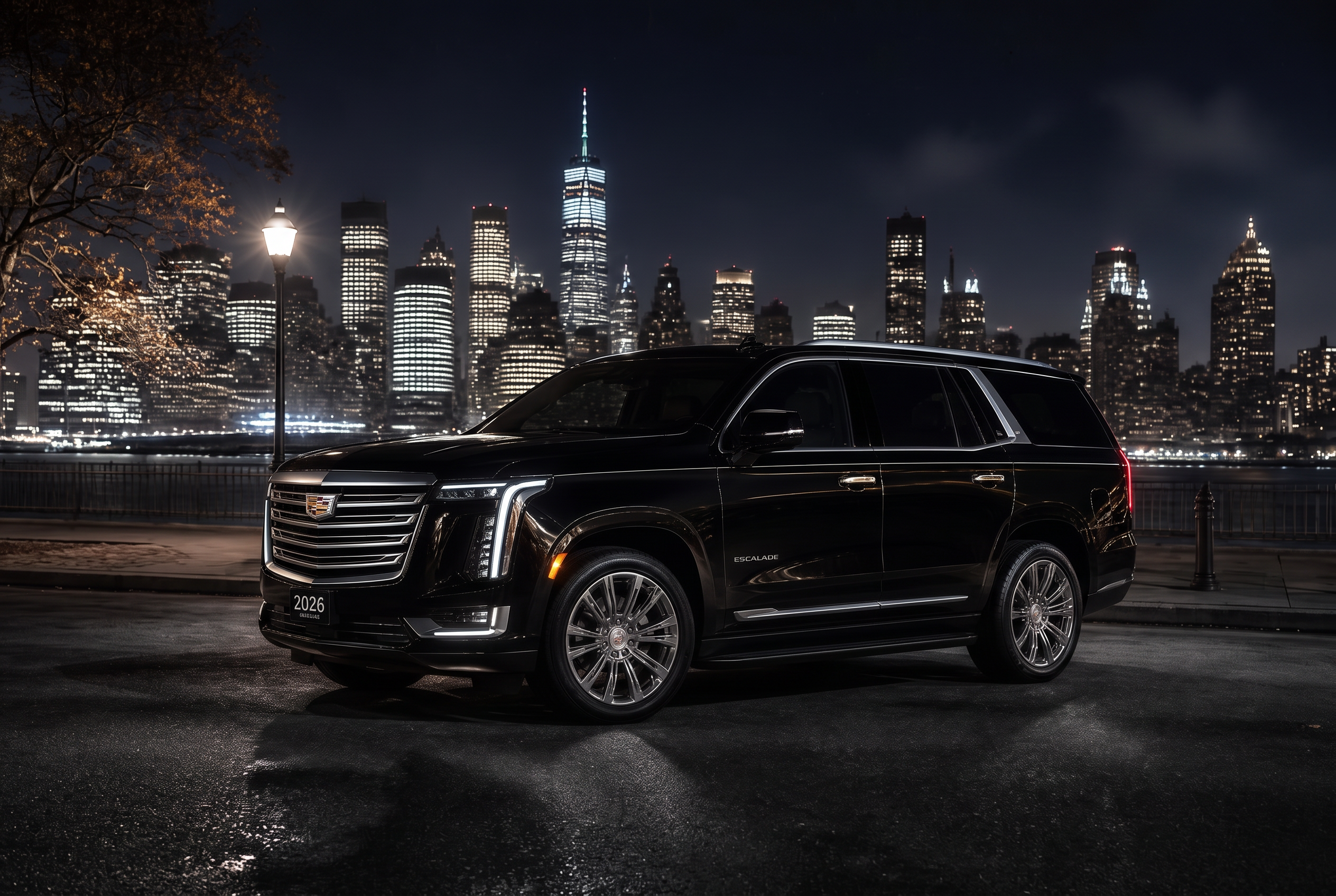 Black 2026 Cadillac Escalade in front of the Manhattan skyline at night