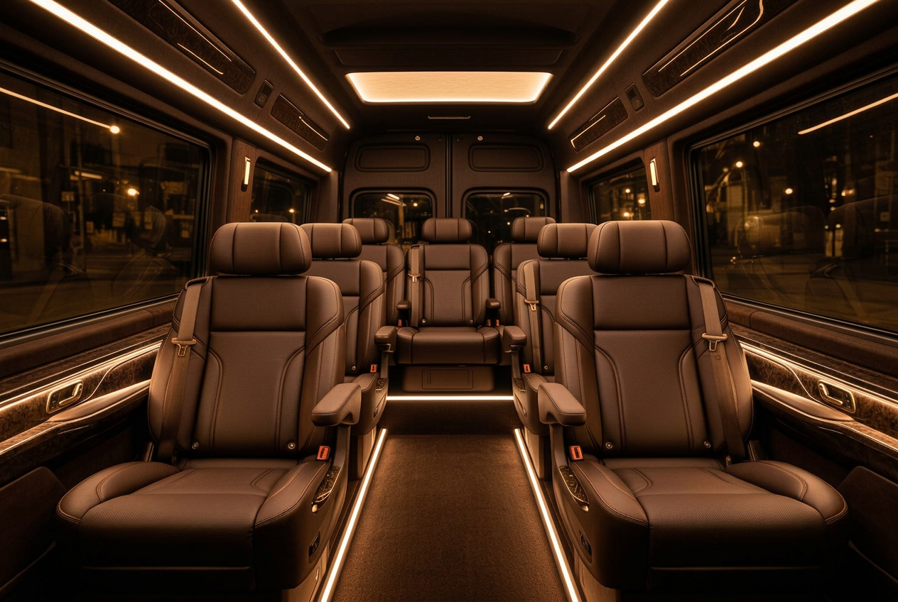 Luxury limousine interior with champagne