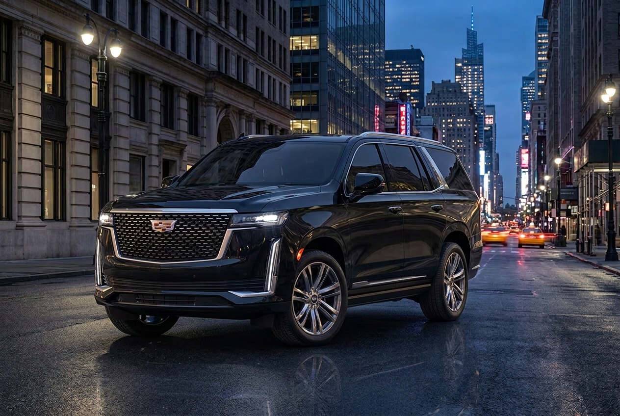 Luxury SUV crossing Brooklyn Bridge at night